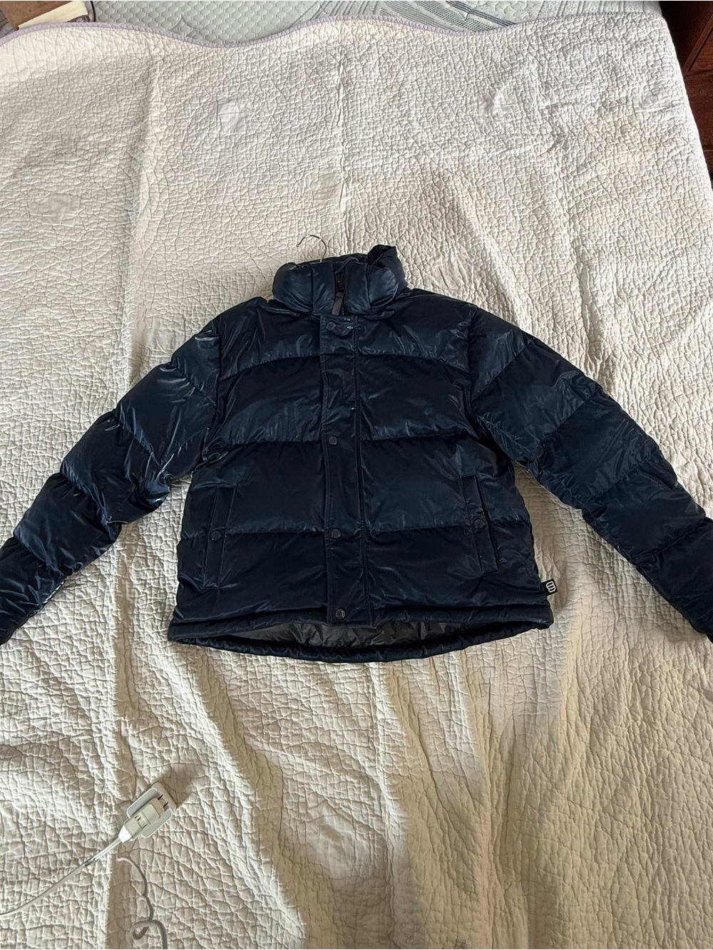 Aritzia Superpuff Metallic Navy Blue Puffer Jacket